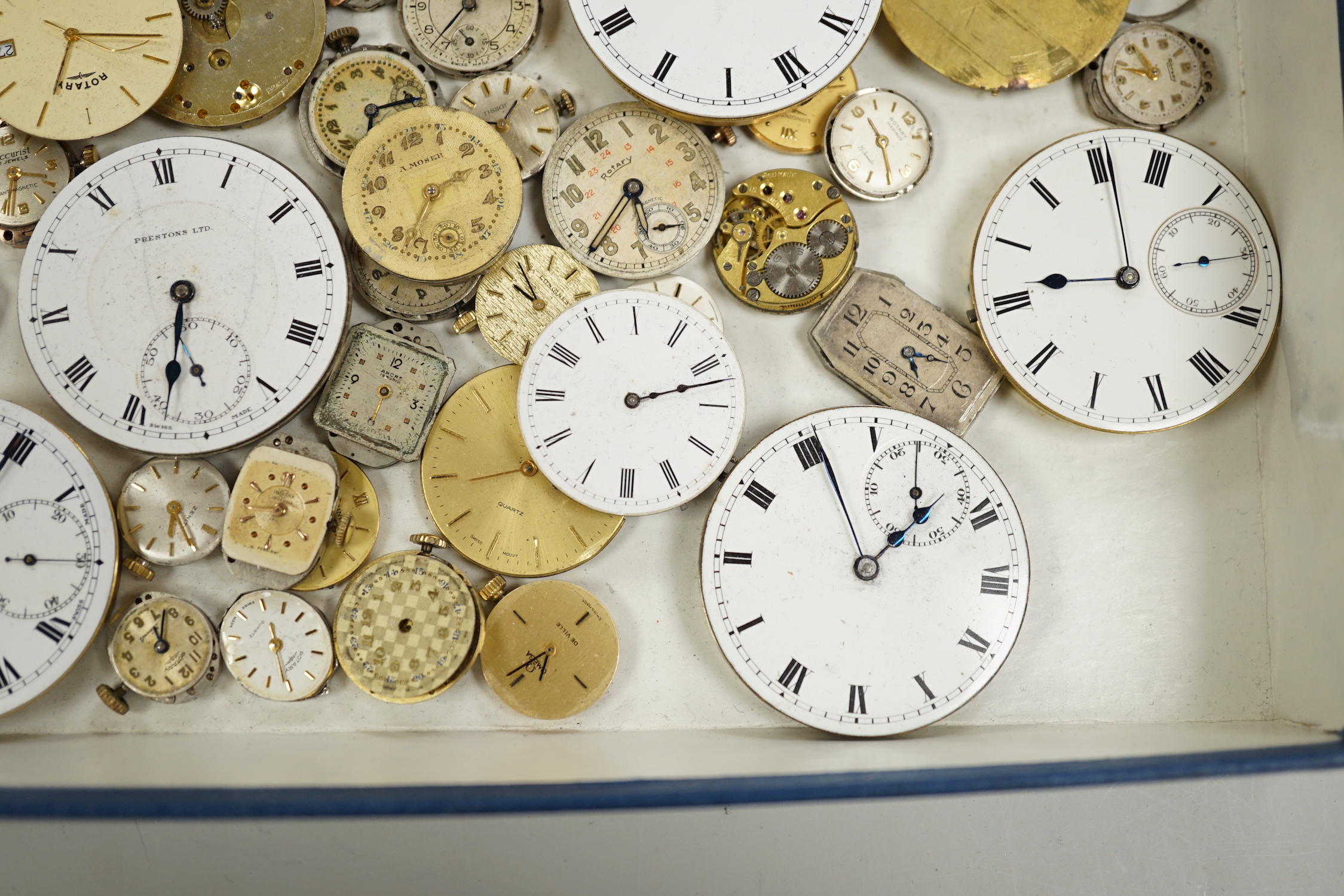 A group of assorted wrist watch pocket watch movements.